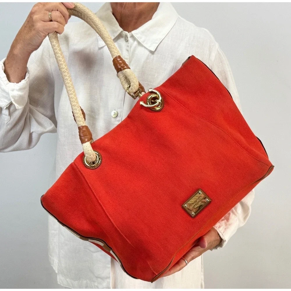 Michael Kors Marina Orange Canvas Rope Handle Tote Nautical Gold Hardware